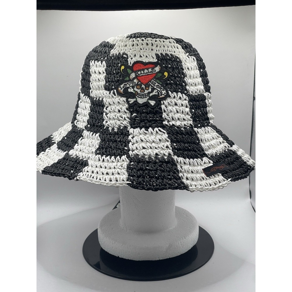 Ed Hardy, Black And White Crochet Checkered Bucket hat festival‎ Boho